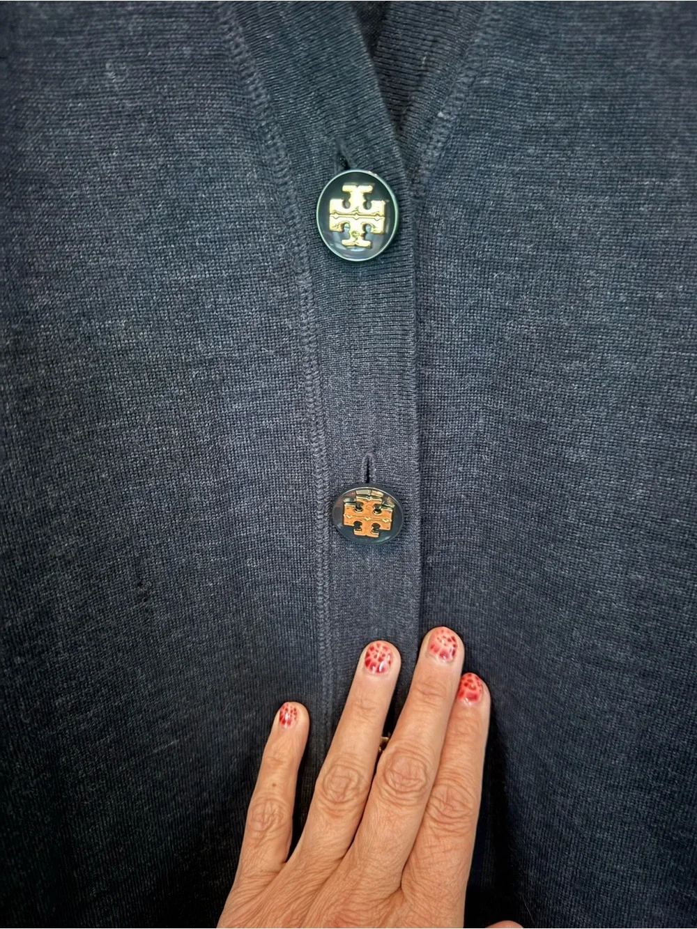 Tory Burch Charcoal Grey Merino Wool V-Neck Cardigan with Logo Buttons